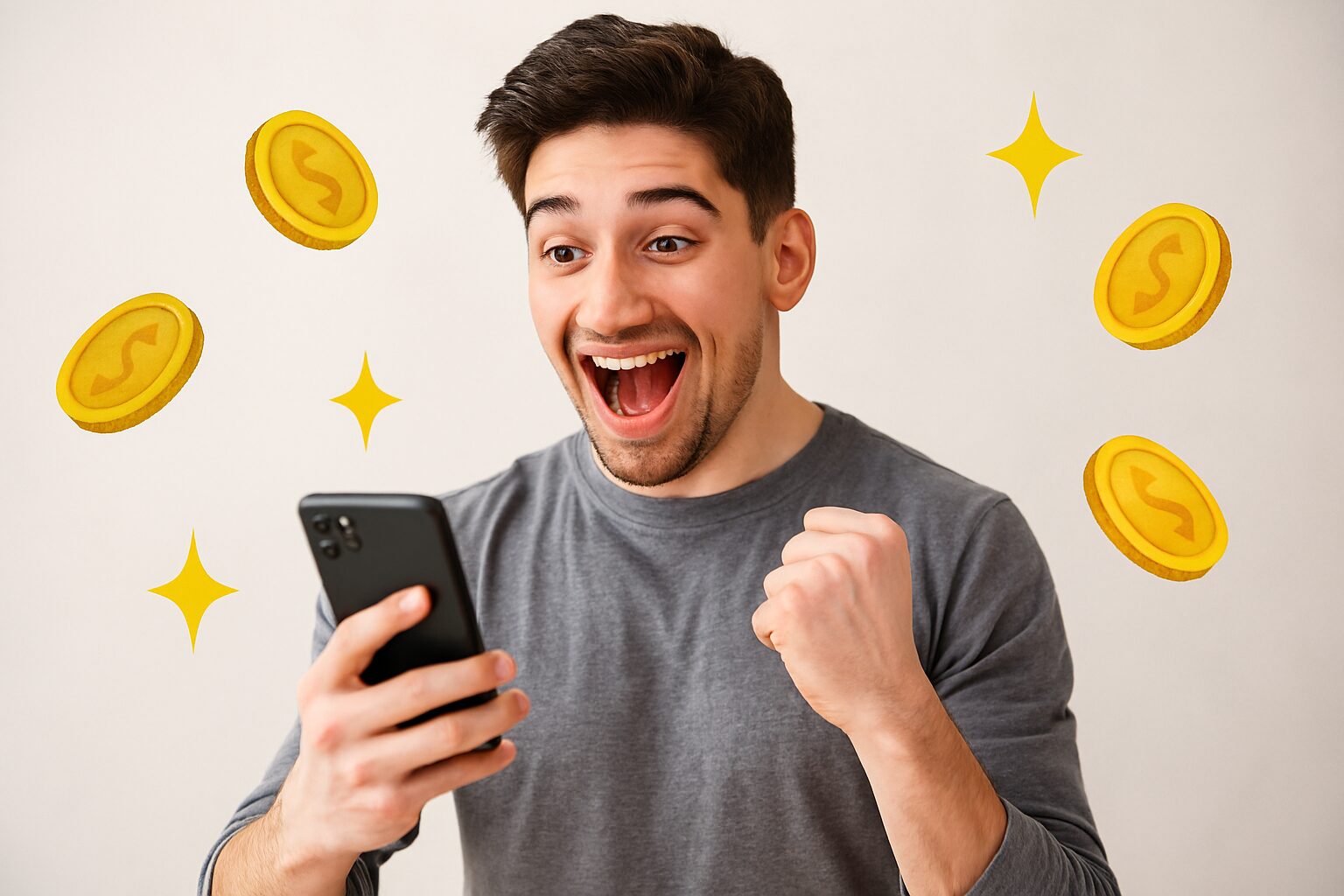 Muškarac uzbuđeno gleda u telefon