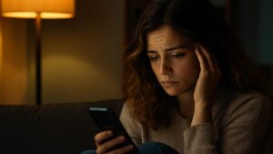Žena gleda u telefon, izgleda zamišljeno i emotivno rastrojeno.