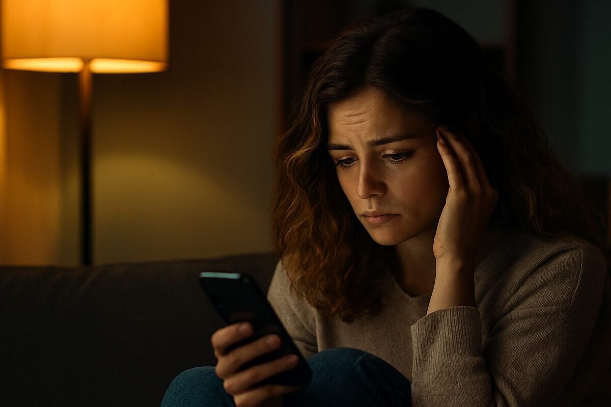 Žena gleda u telefon, izgleda zamišljeno i emotivno rastrojeno.