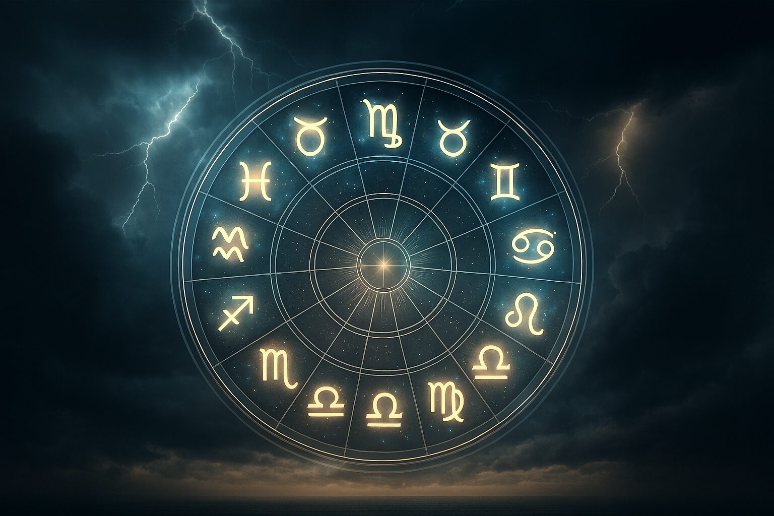 Astrološki točak sa zodijačkim znacima pod olujnim nebom.