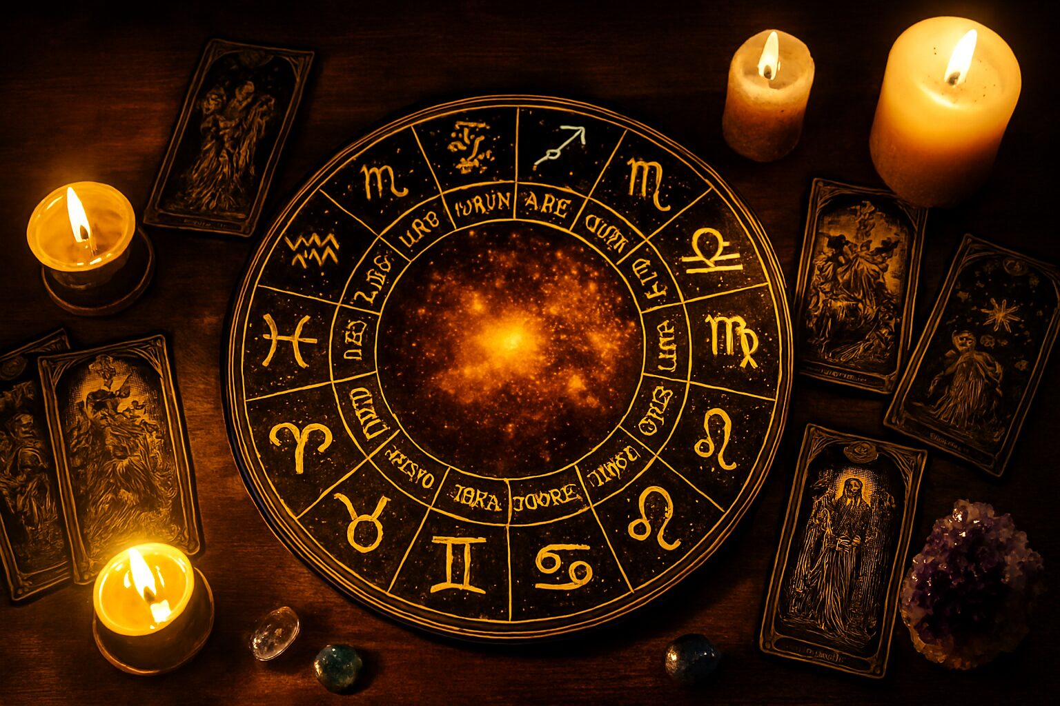 zodijački točak obasjan svećama, okružen tarot kartama