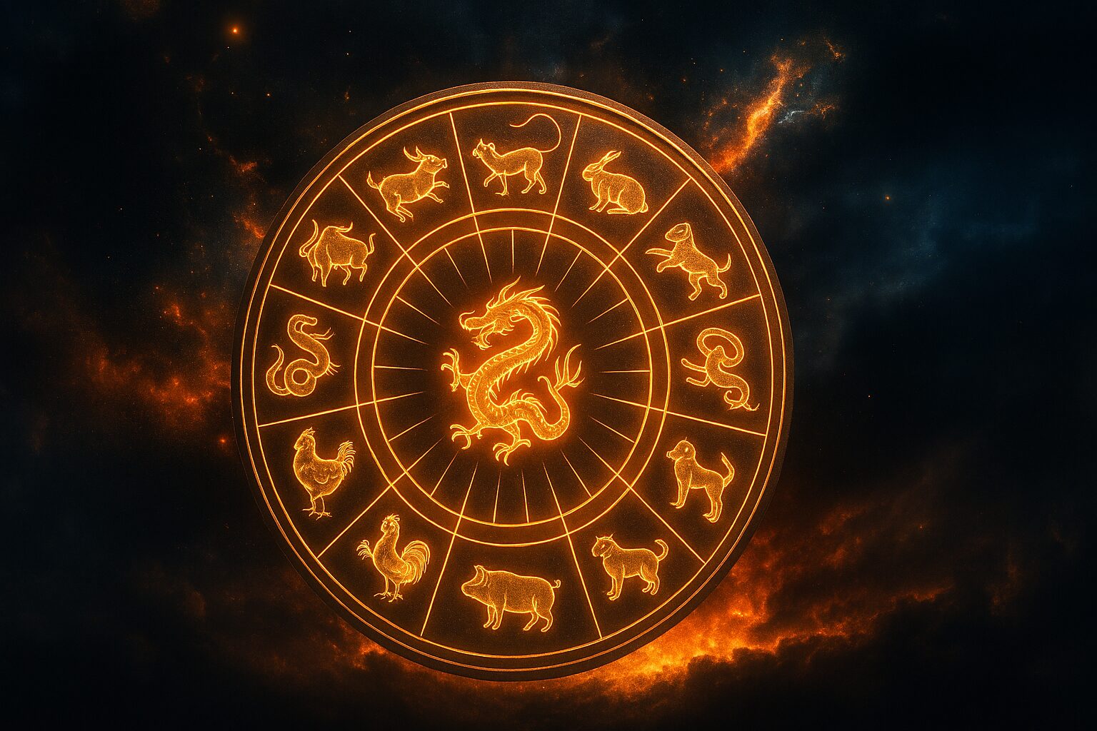 Zodijački točak sa sjajnim znacima ispod tamnog, kosmičkog neba.