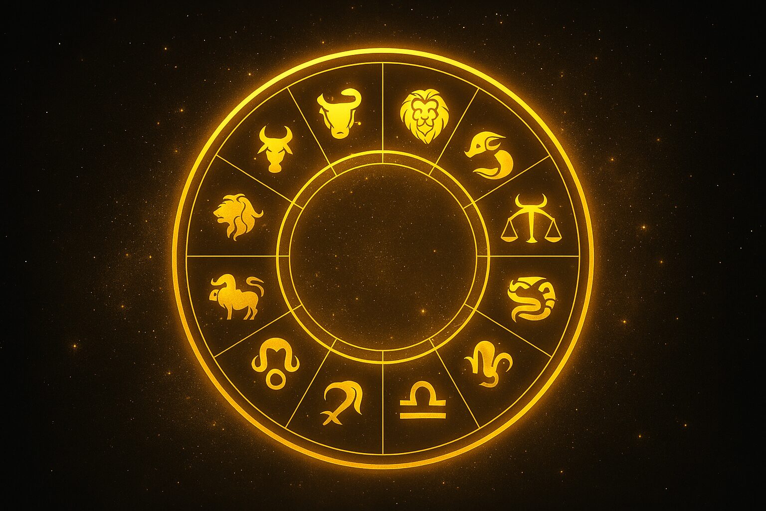 Zlatni točak horoskopa svetli na tamnoj pozadini, ističući četiri astrološka znaka.