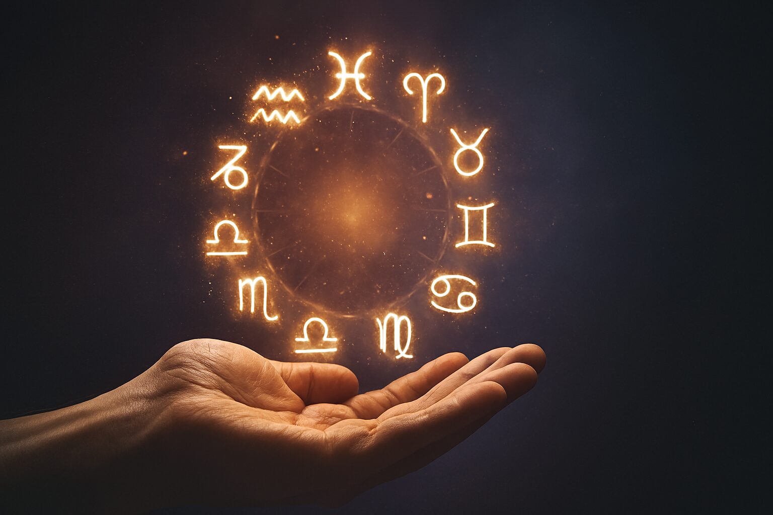 Dlan sa zodijačkim simbolima koji svetle iznad njega.
