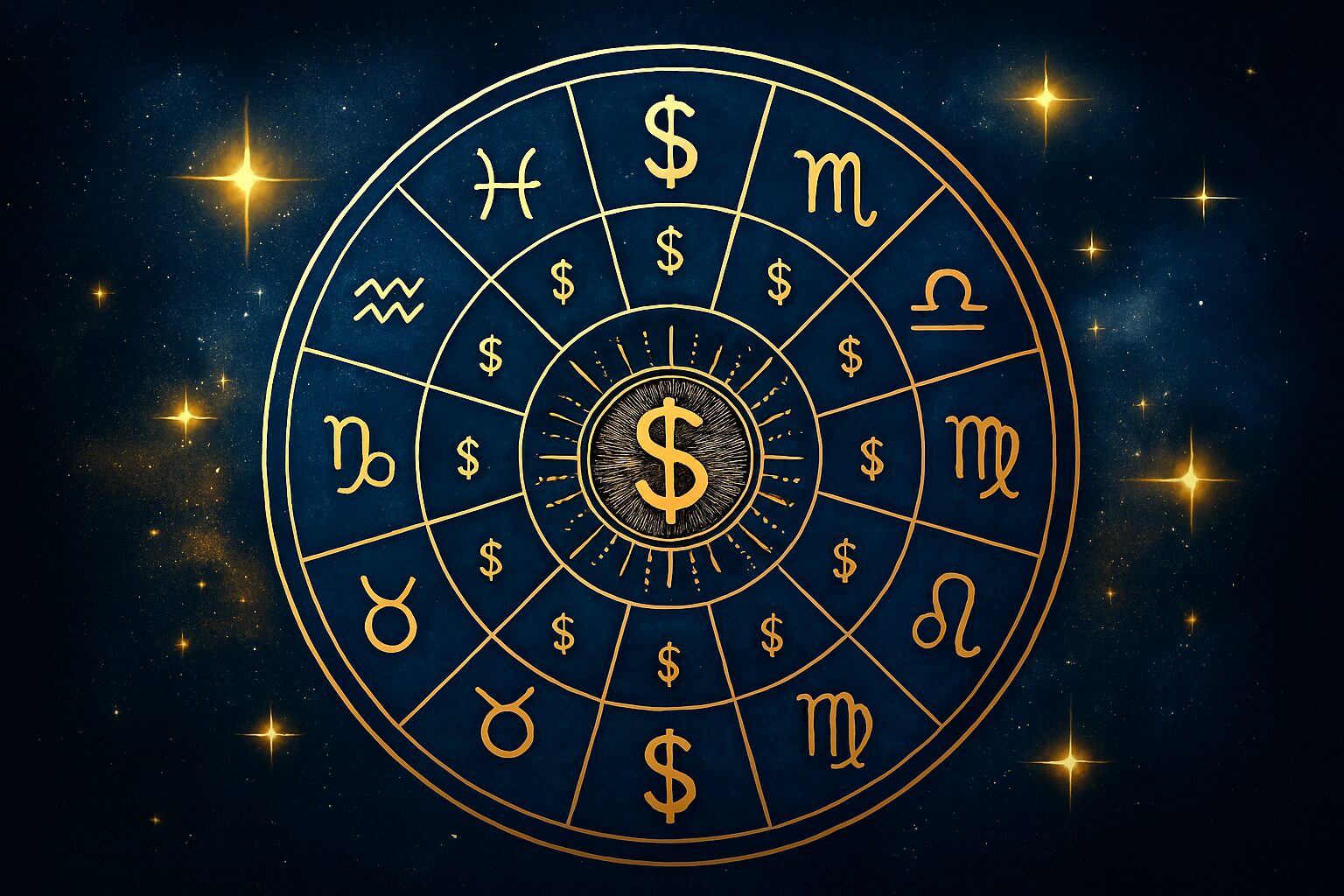 Zodijački točak sa simbolima novca i zvezdanim sjajem u pozadini.