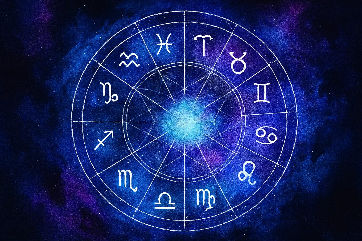 Astrološka karta u olujnim plavim i ljubičastim tonovima, simbolišu emotivne turbulencije.