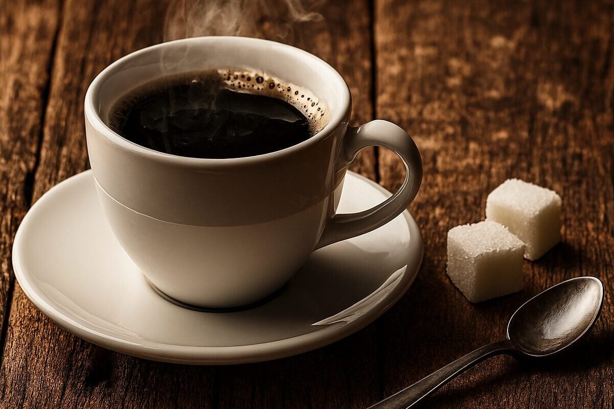 Šolja kafe sa šećerom i kašičicom na starom drvenom stolu.
