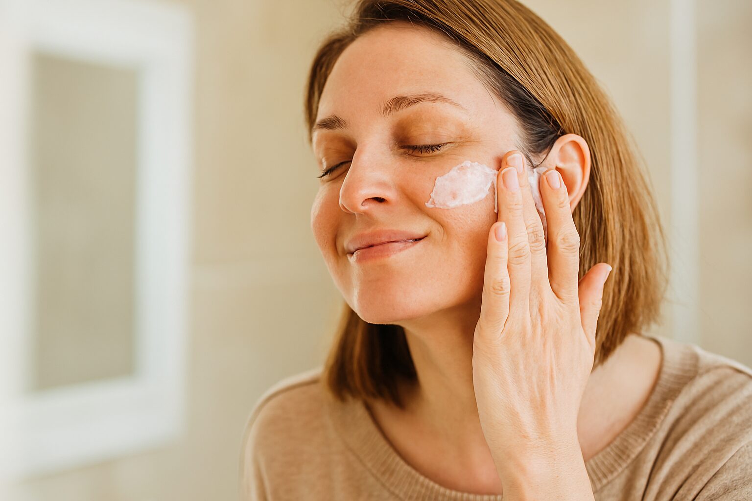 Žena pred ogledalom - domaća krema protiv bora