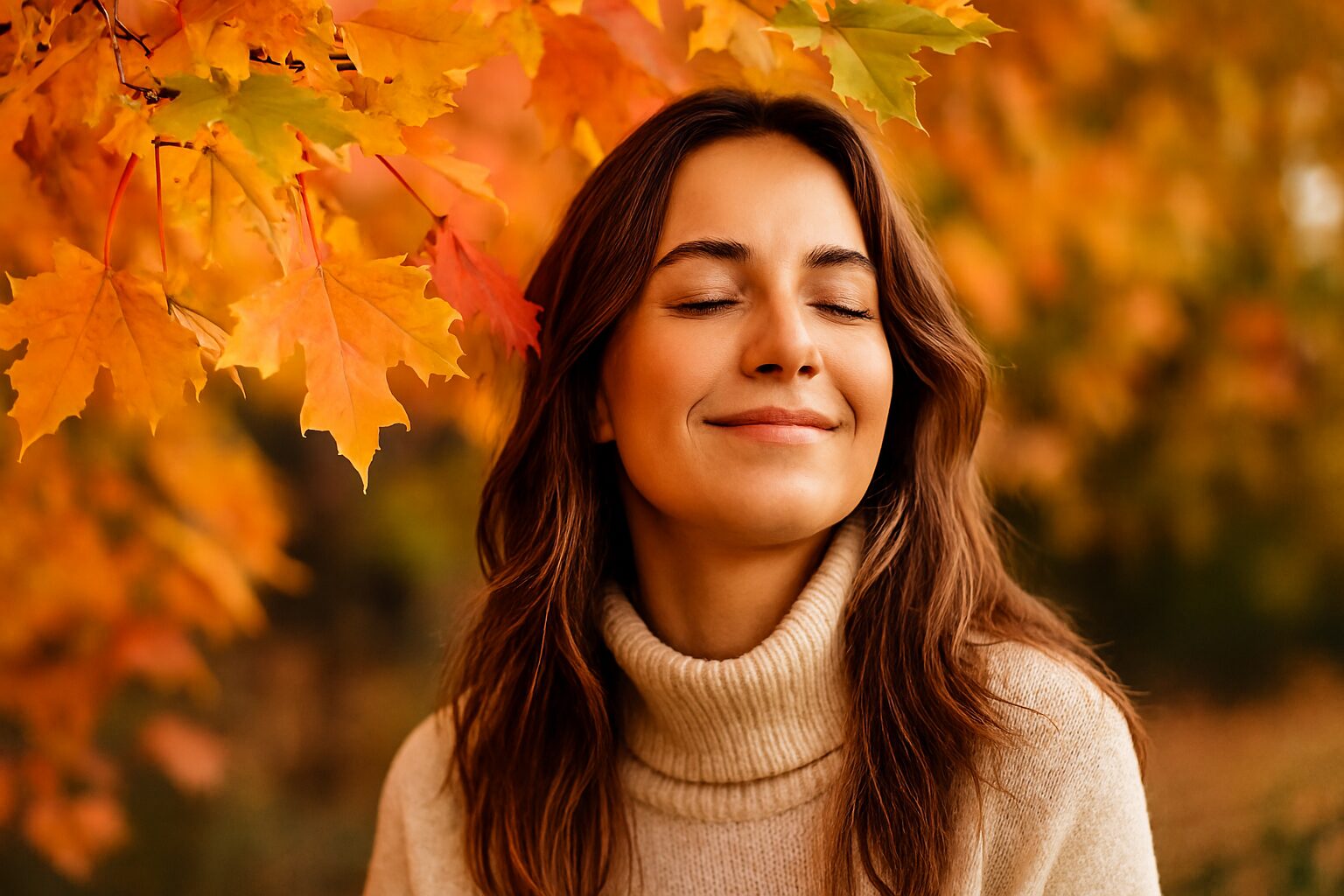 Žena se smeška ispod jesenjeg lišća, obasjana toplim svetlom, spokojna i ispunjena nadom.