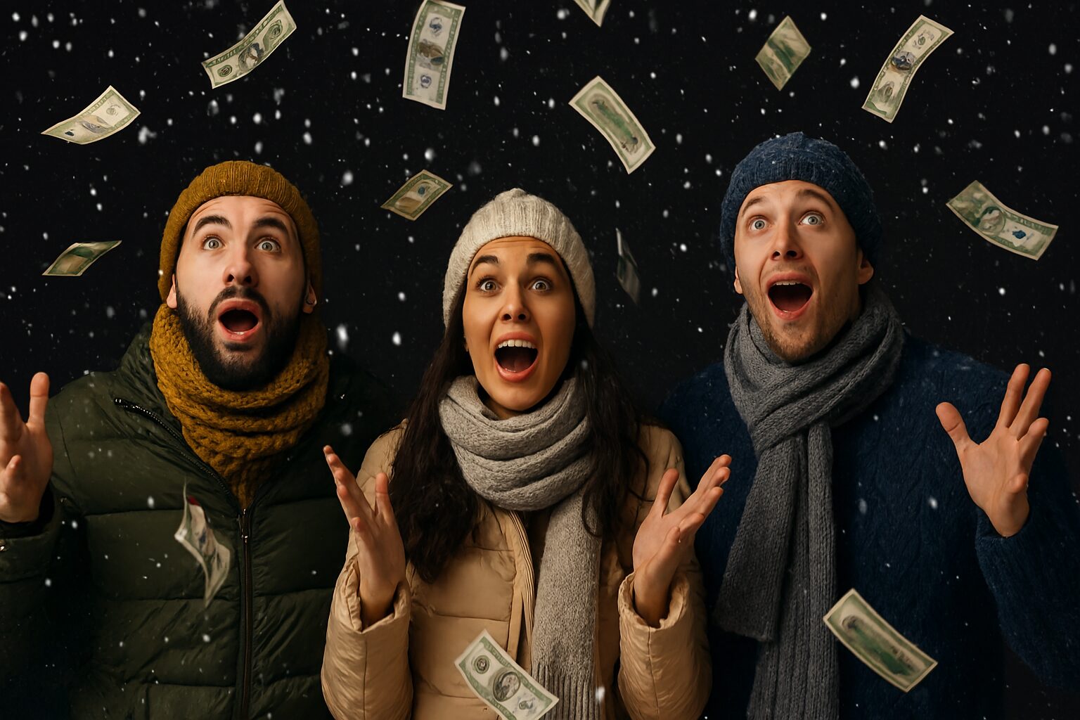 Tri osobe u zimskim jaknama iznenađeno gledaju kako oko njih pada novac i sneg.