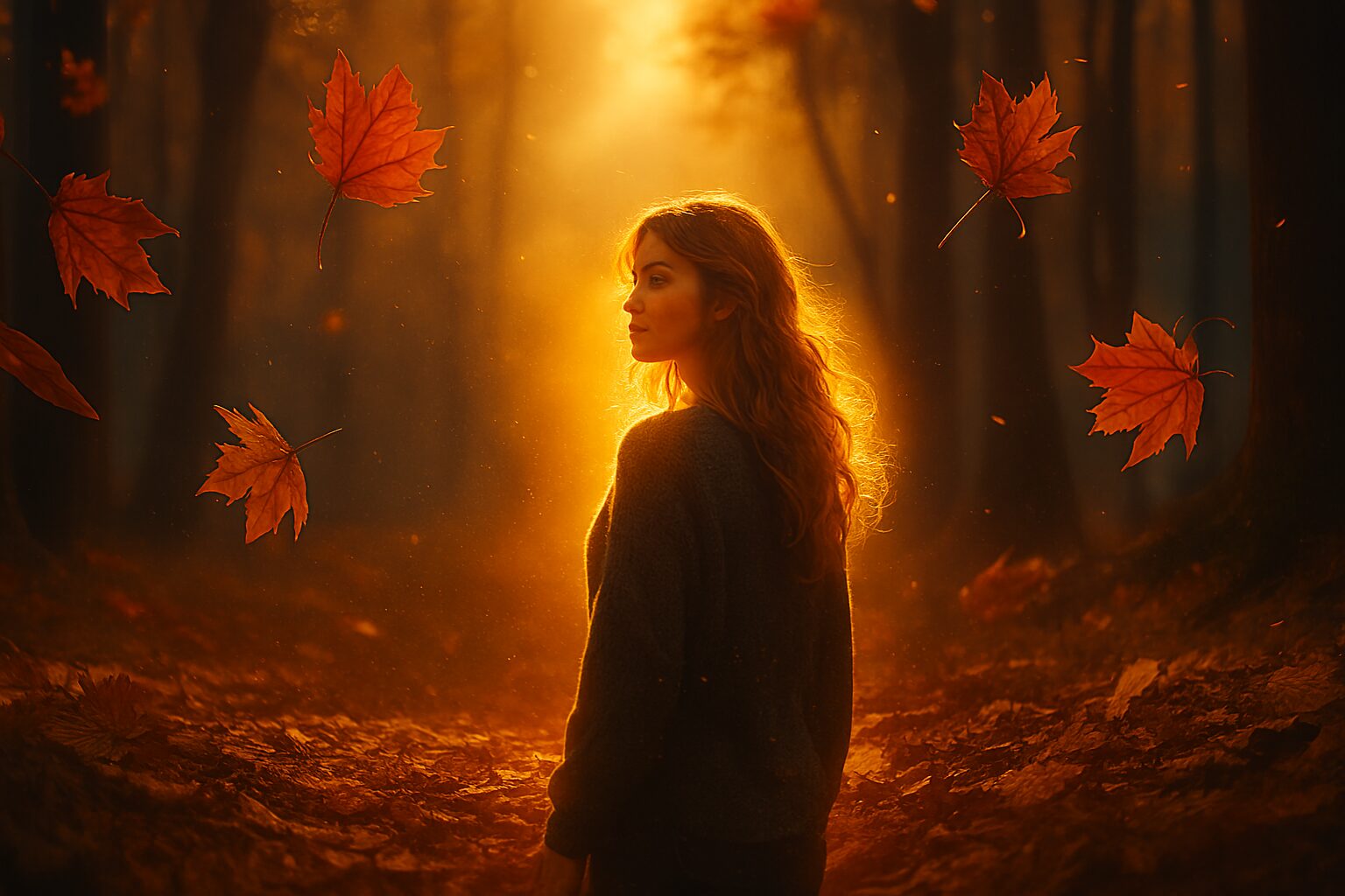 Mlada žena obasjana zlatnim jesenjim svetlom