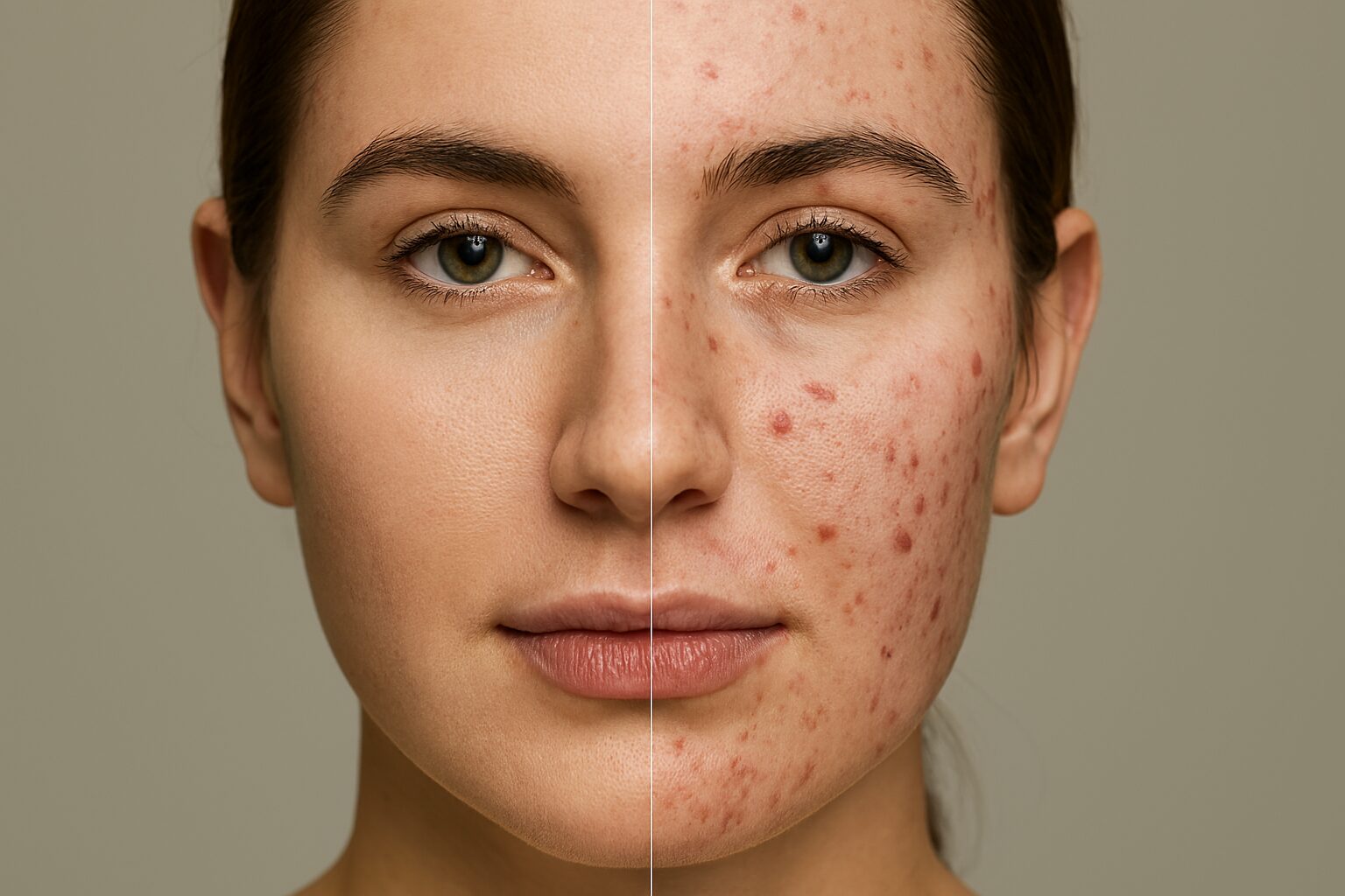 Žensko lice u krupnom planu – leva strana čista, desna sa vidljivim bubuljicama.