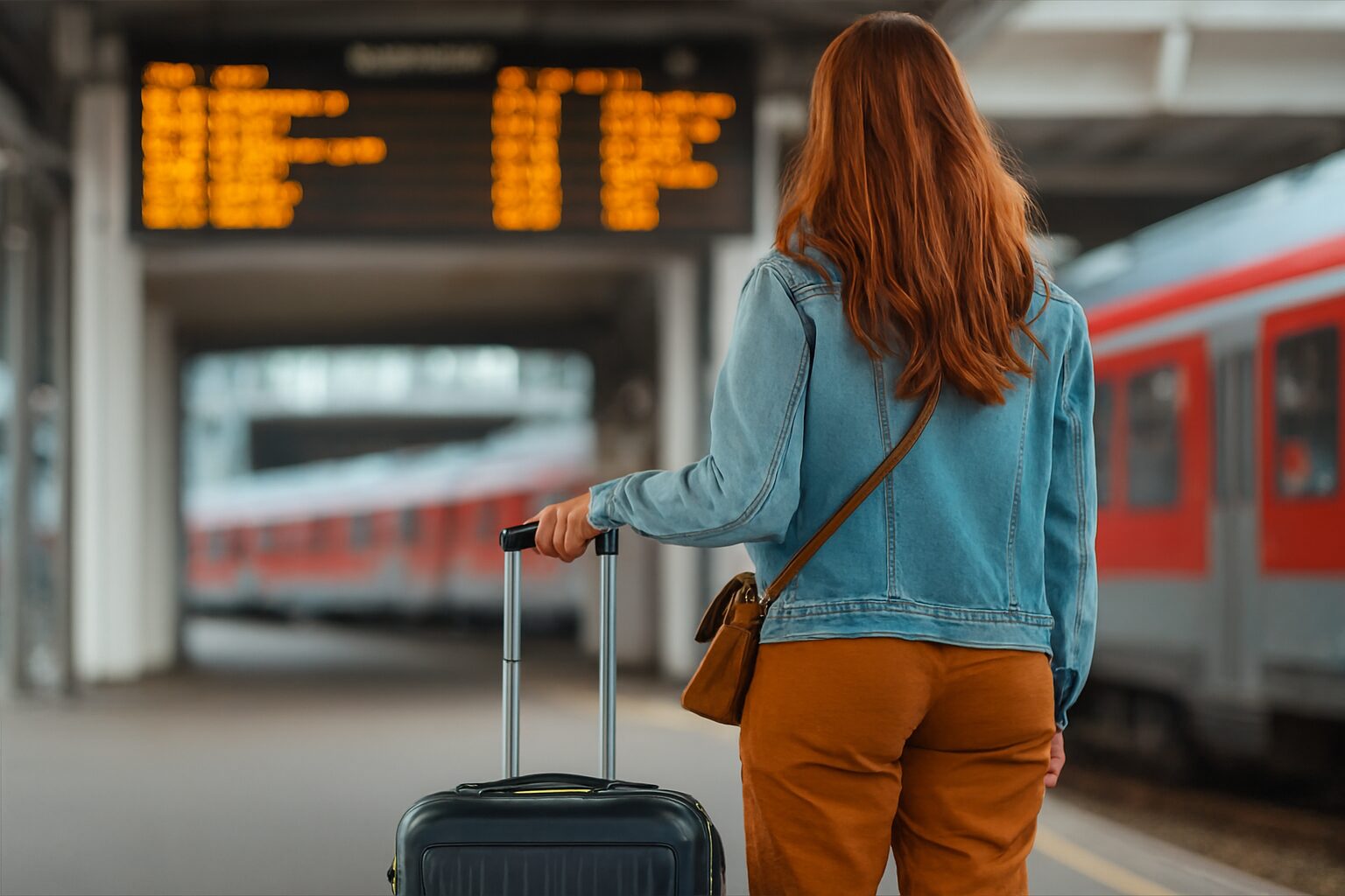 Žena sa koferom stoji na železničkoj stanici