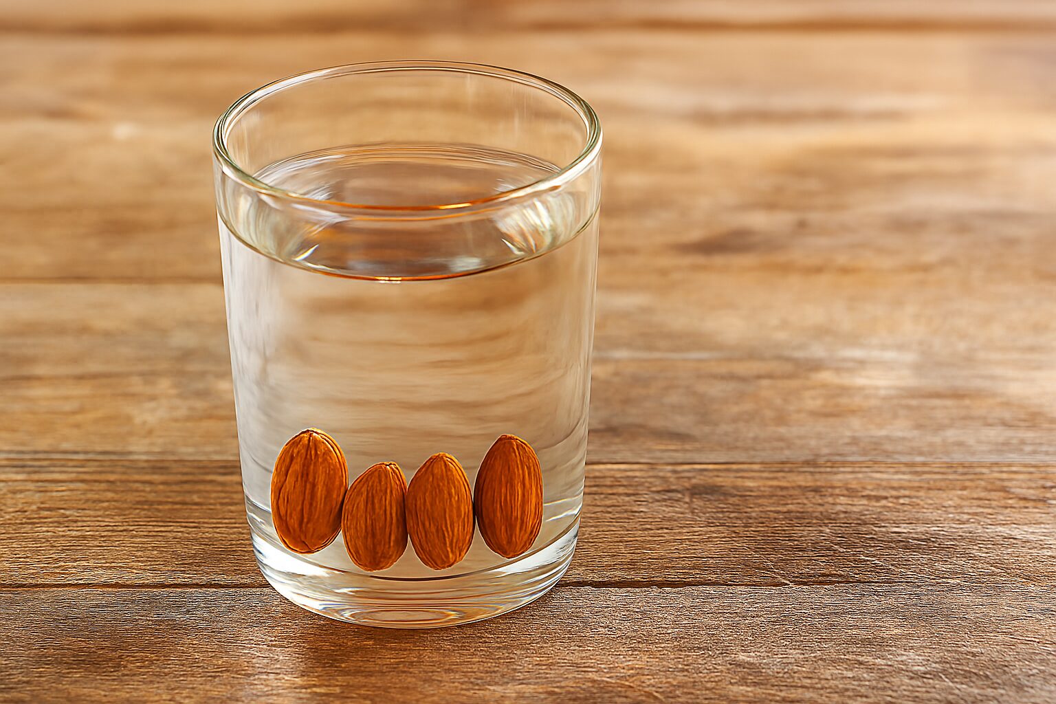 Potopljeni bademi u čaši vode na drvenom stolu