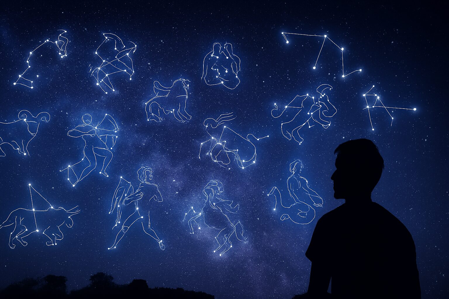 Silueta osobe pod zvezdanim nebom, uz sazvežđa iz mesečnog horoskopa za novembar 2025.