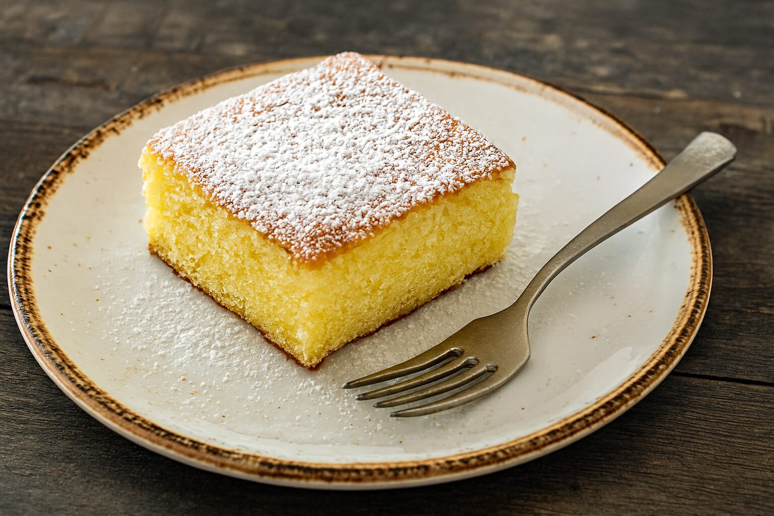 Kolač od griza za 15 minuta, na tanjiru sa šećerom u prahu i viljuškom.