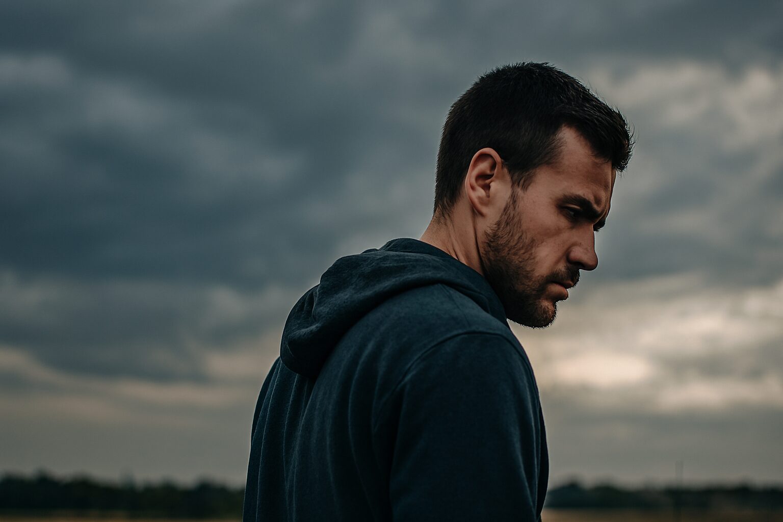 Muškarac pod tmurnim nebom simbolizuje znak koji ne prašta — tiha ogorčenost u pokretu.