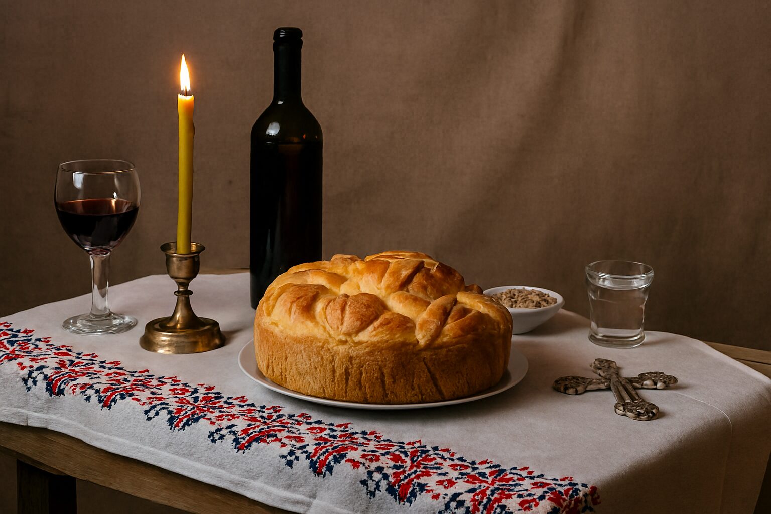 Tradicionalna slavska trpeza sa slavskom svećom, kolačem, vinom i vezenom stolnjakom.