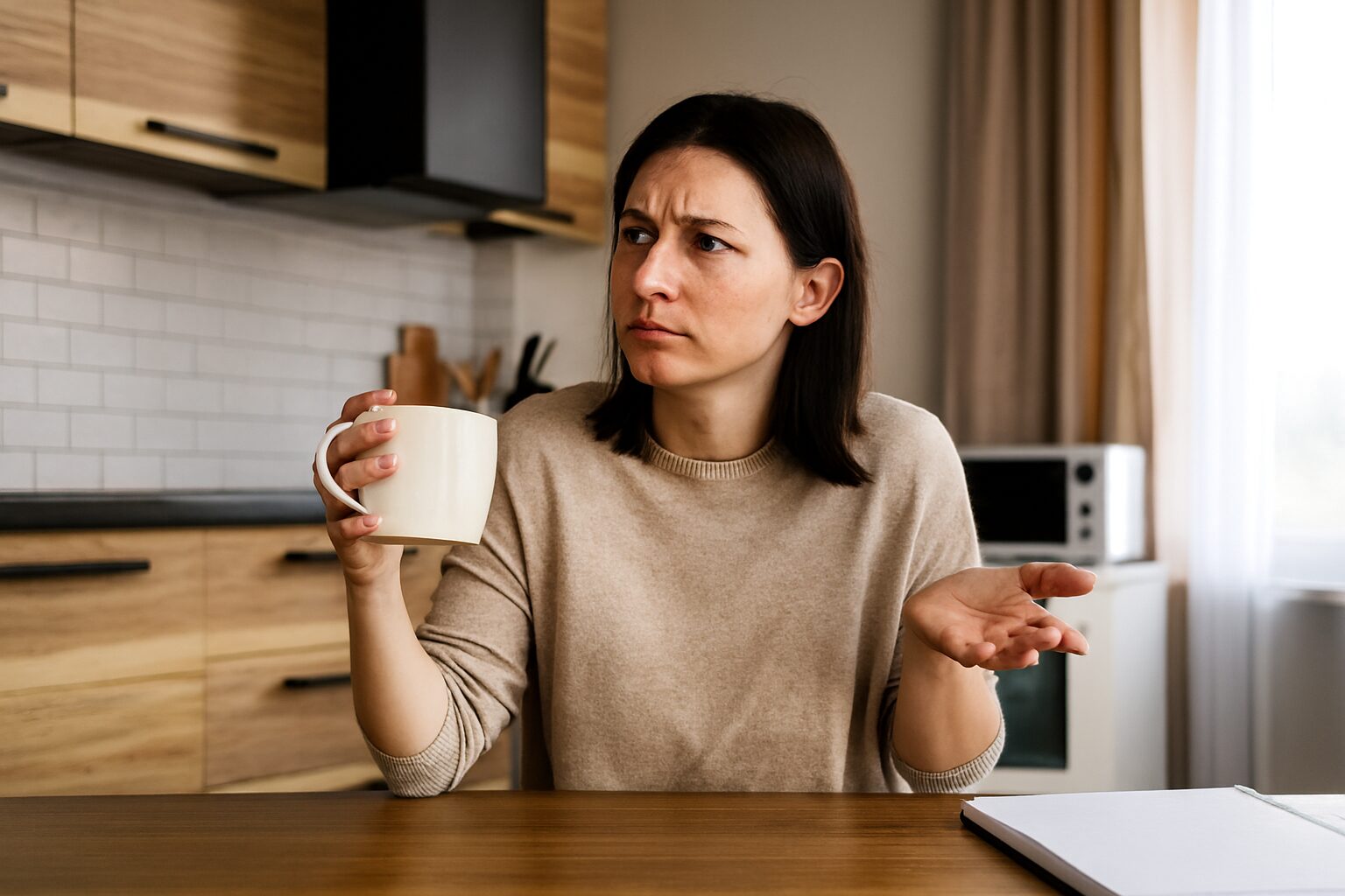 Zbunjena žena drži šolju – jutarnja kafa joj ne prija.