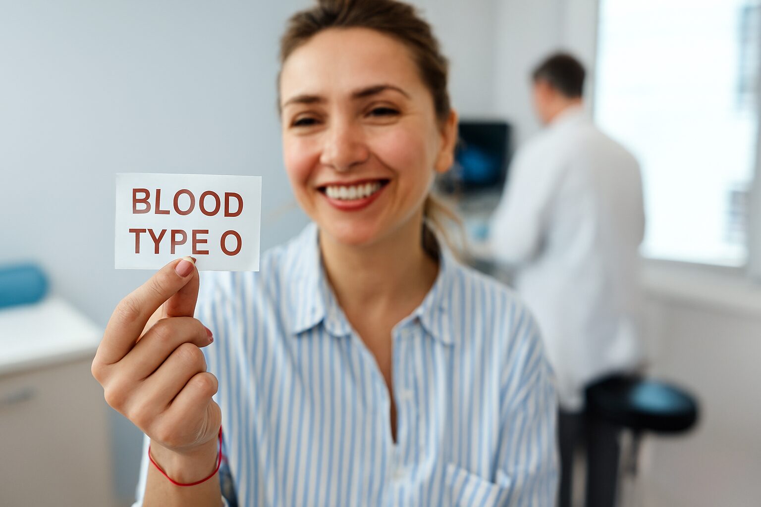 Žena drži karticu sa oznakom krvna grupa 0 u medicinskom okruženju.