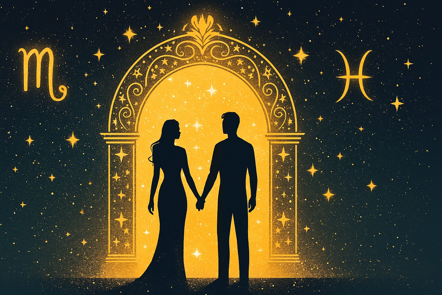 Dve osobe pred portalom – vrata luksuza za Škorpiju i Ribu.