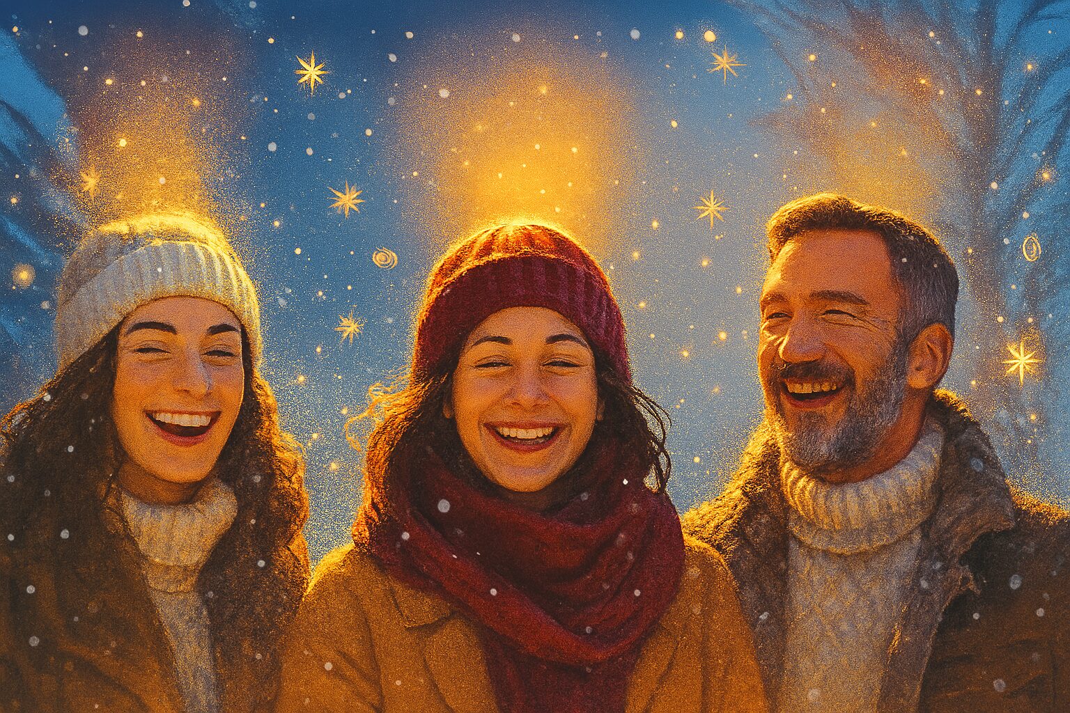 Nasmejane osobe u zimskom pejzažu — zima donosi obilje za 3 znaka.