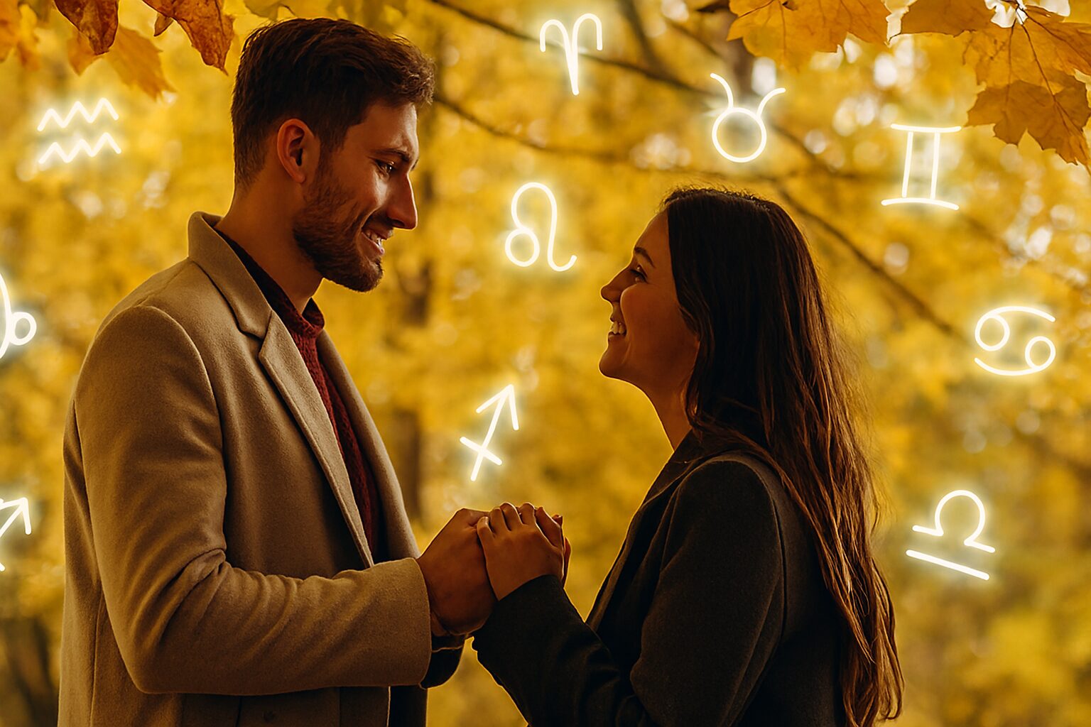 Par pod lišćem, oko njih svetle znakovi — ljubavni horoskop za novembar.