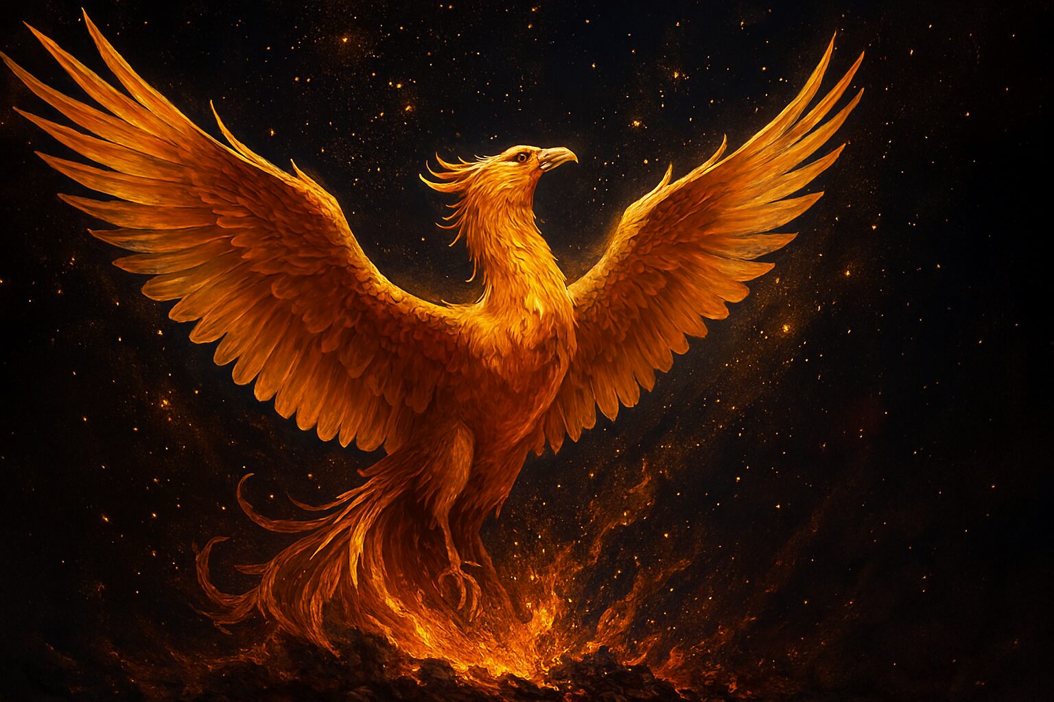 Ilustracija zlatne ptice Feniks koja se diže iz pepela, okružena zvezdanom prašinom. Simbolika neočekivane sreće i karmičke pravde.
