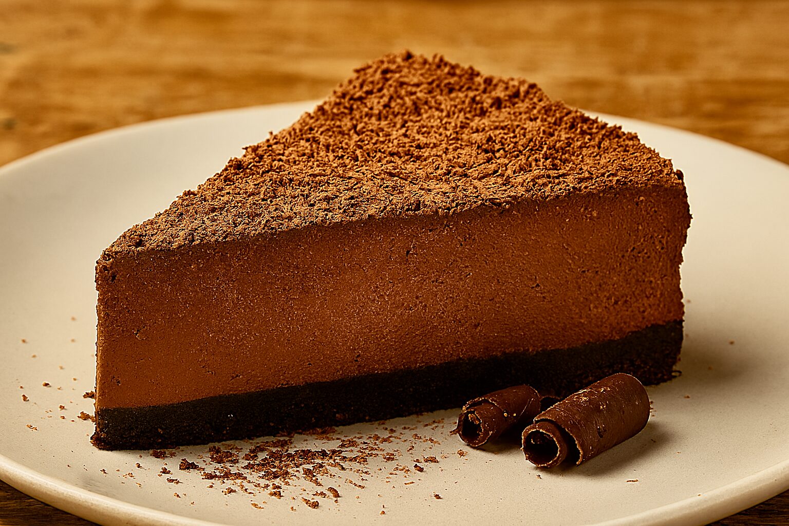 Krupni plan najkremastije čokoladne torte bez pečenja, ukrašene rendanom čokoladom, sa vidljivom debljinom čokoladnog fila.