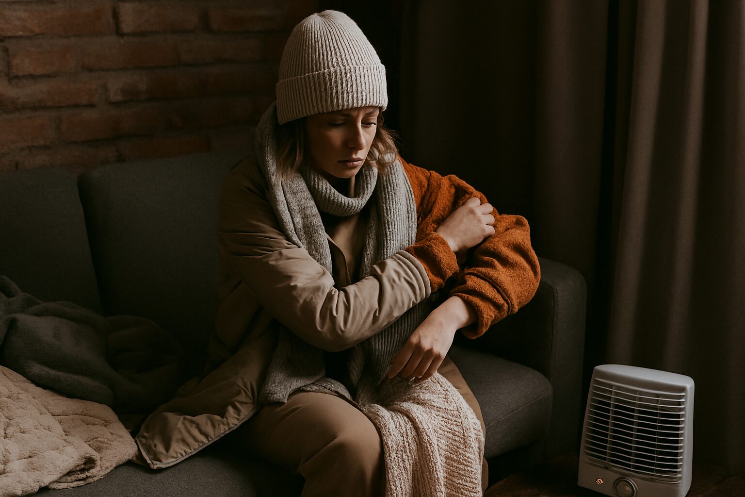 Žena u slojevima pored grejalice — grejanje postaje luksuz.