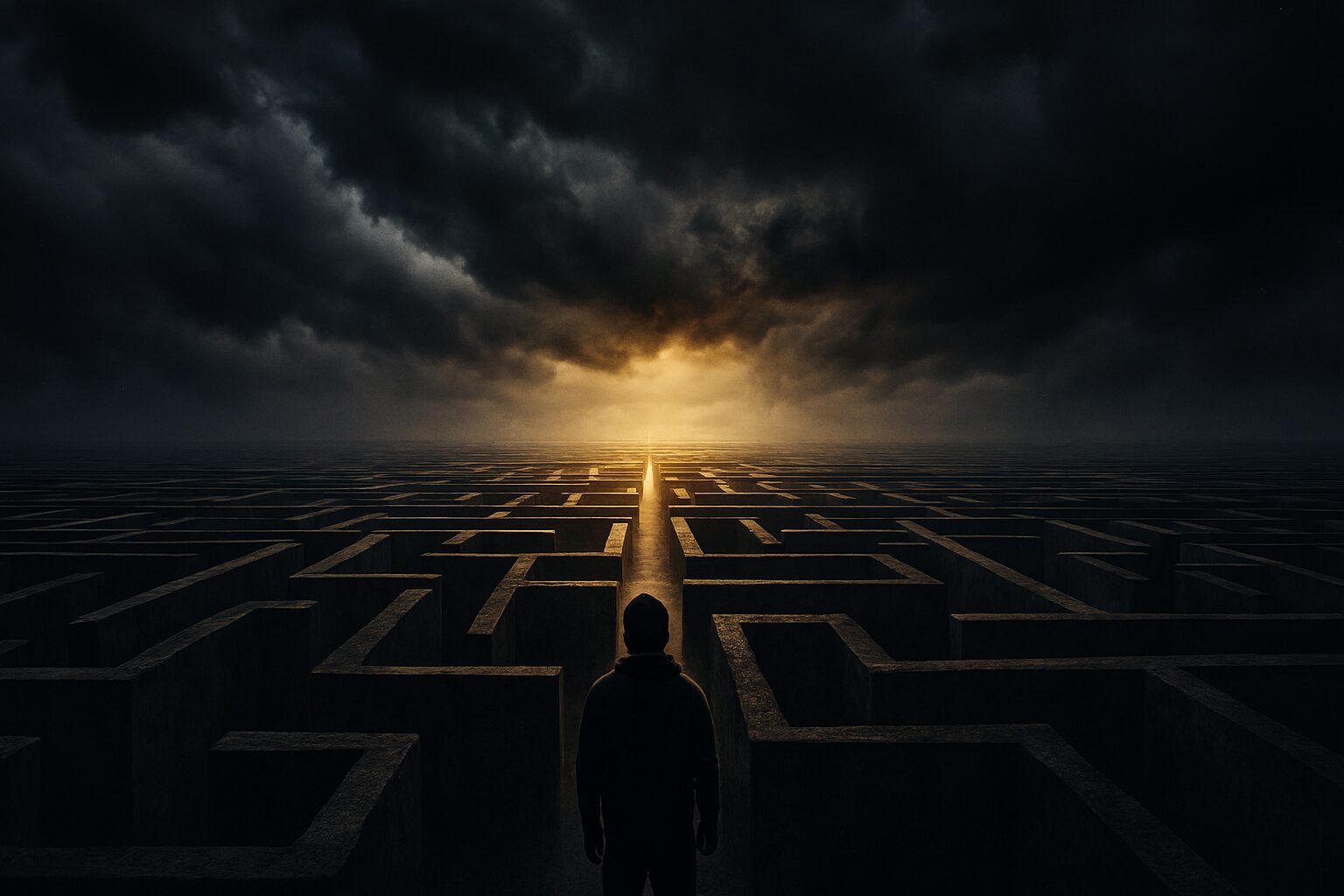 Osoba pred velikim izazovima – simbol najtežeg perioda života, tamni oblaci i uski put ka izlazu