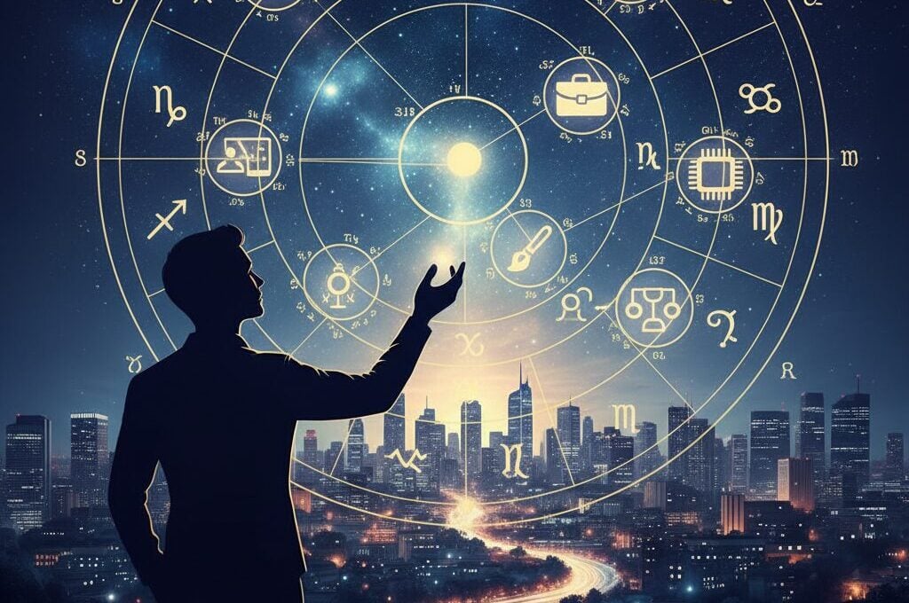 Osoba posmatra astrološki točak sa simbolima karijere iznad noćnog grada.