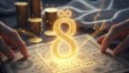 Zlatna osmica iznad astrološke knjige, okružena sjajem i novčićima.