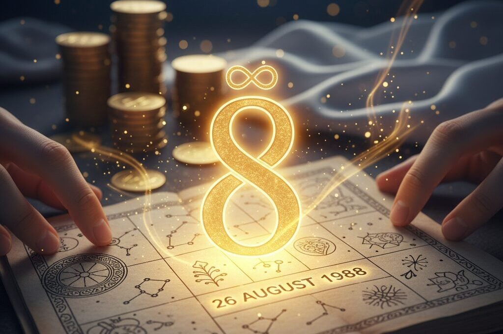 Zlatna osmica iznad astrološke knjige, okružena sjajem i novčićima.