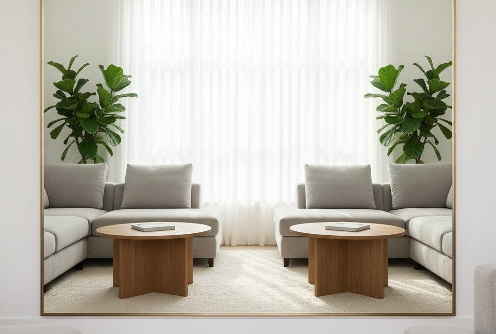 Veliko ogledalo koje reflektuje minimalističku sobu, čineći je prostranijom.