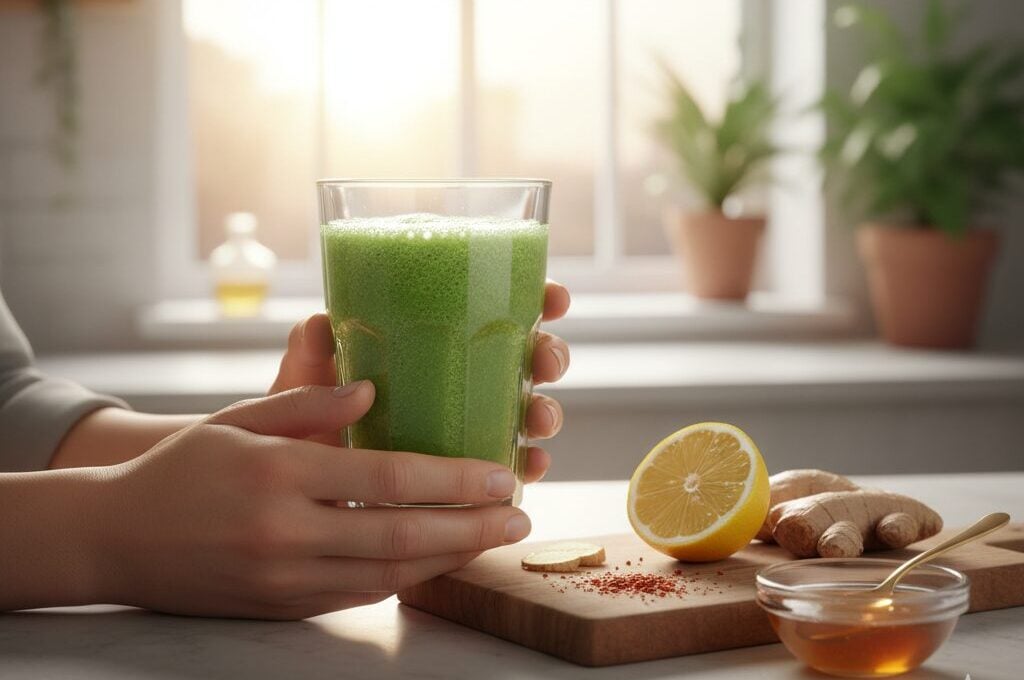 Osoba drži zeleni detoks smuti u sunčanoj kuhinji.