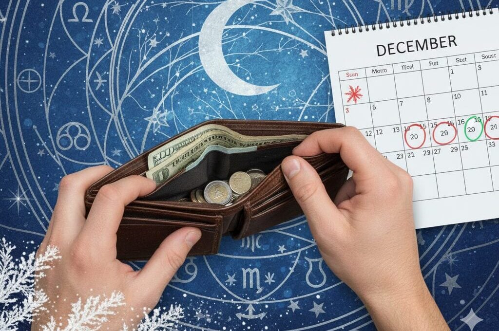Novčanik sa malo novca u rukama, kalendar za decembar i astrološki simboli