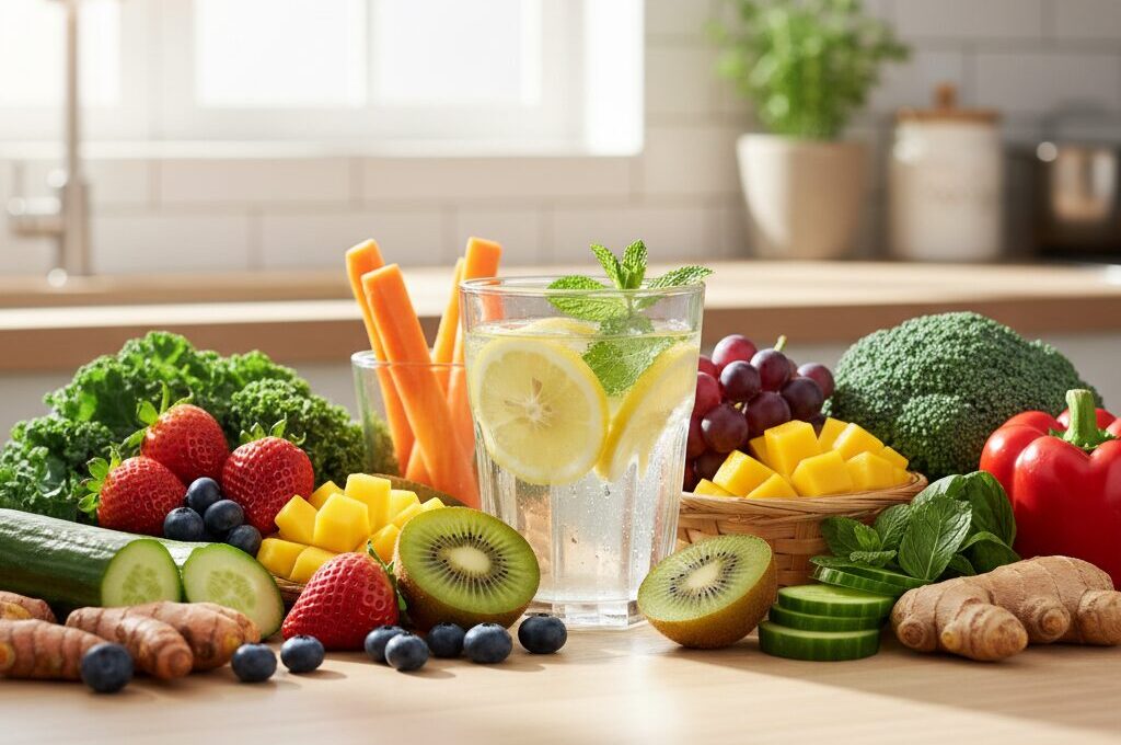 Aranžman svežeg voća, povrća i čaše vode sa limunom