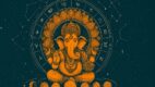 Ganesh spokojni izraz, zlatna mandala, planete i astrološki točak u pozadini