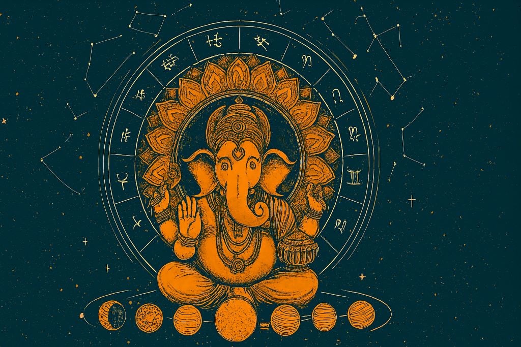 Ganesh spokojni izraz, zlatna mandala, planete i astrološki točak u pozadini