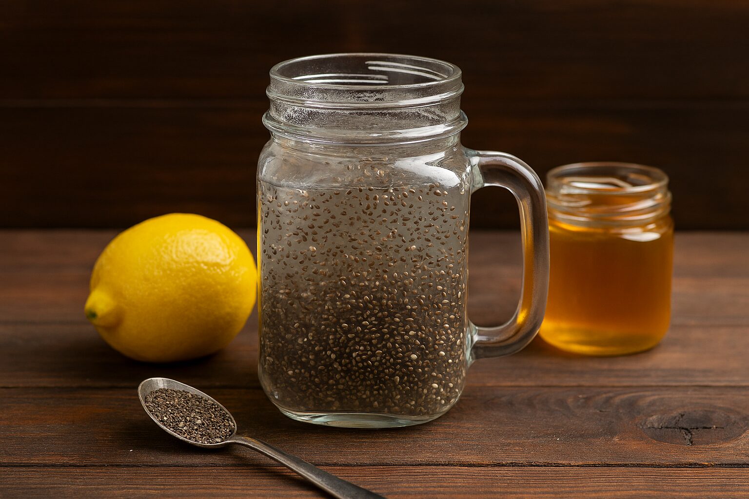 Prirodni napitak od vode i semenki koje leče – čia, limun i med na drvenom stolu