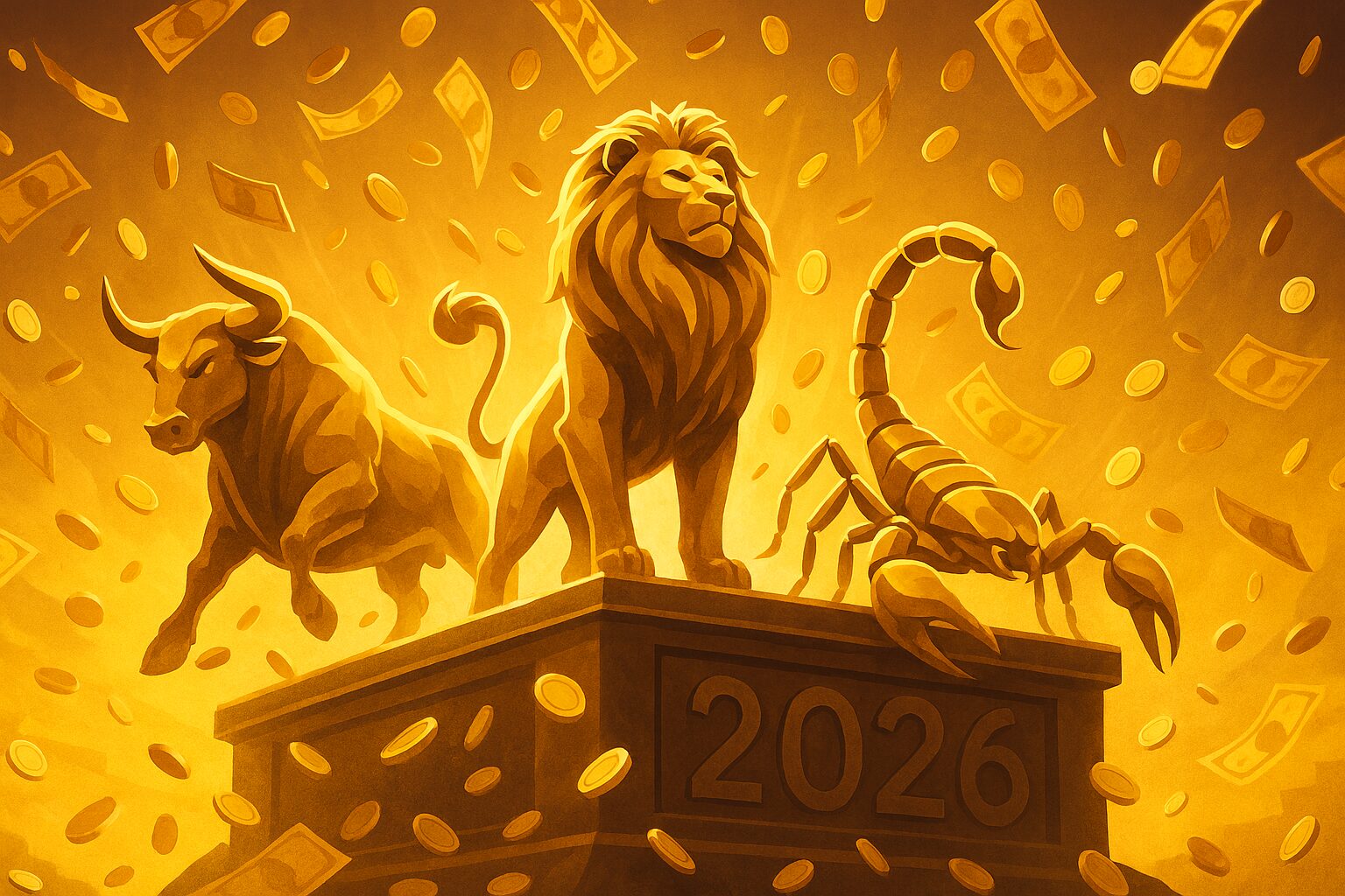 Zlatni horoskopski simboli pod kišom zlatnika i novčanica — ogroman novac u 2026.