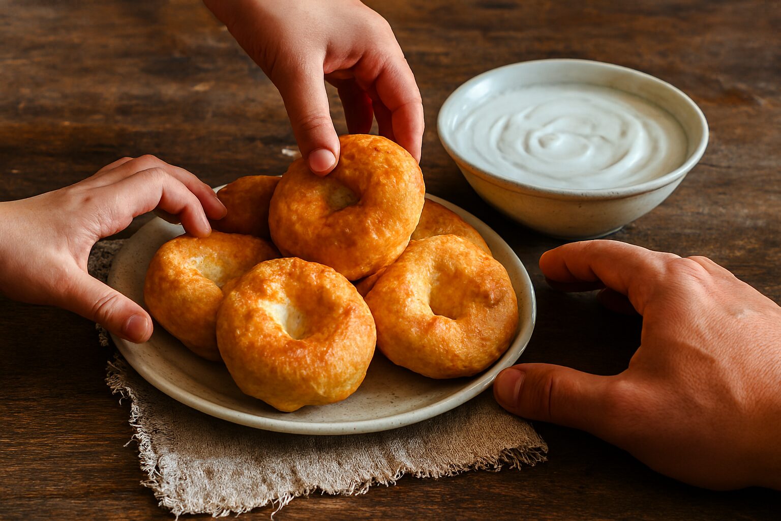Slane krofne sa belim lukom i jogurtom na rustičnom stolu.
